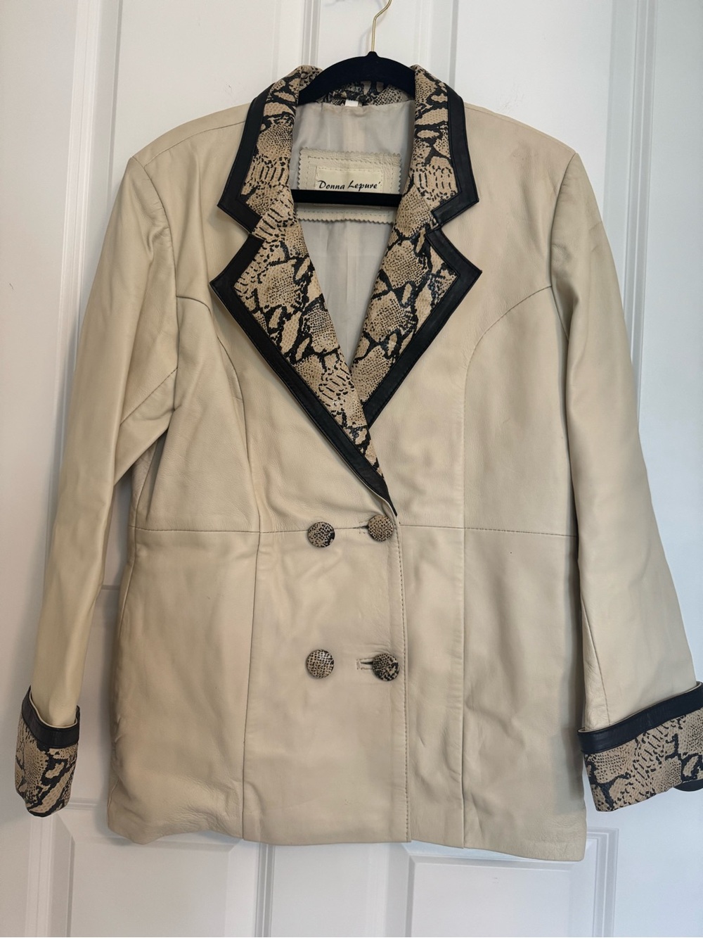 Donna Lepure New York Ivory Leather Blazer Jacket Snake Print Trim Women’s M VTG